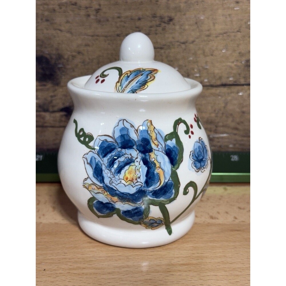 🔥RARE- Maxcera Blue Jacquard Rouge Canister/cookie Jar Floral Motifs Hand Paint